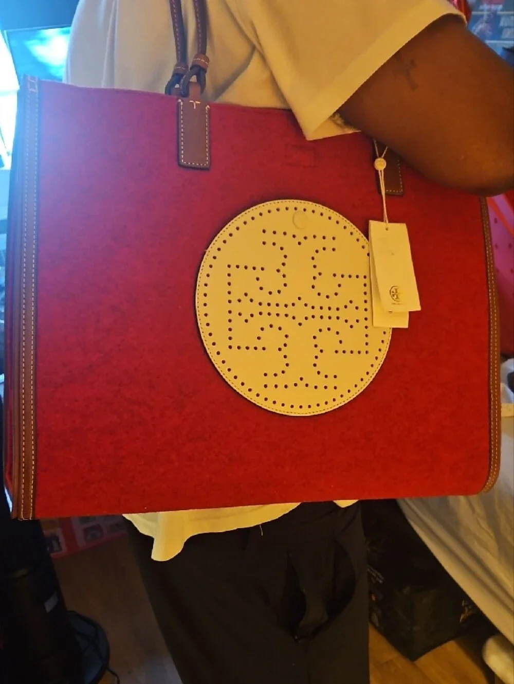 Tory Burch Red Suede Tote with White Perforated Logo